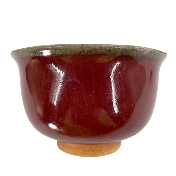 Set of 5 Glazed Deep Red Tea Cups w/Greenish Brown Trim & Organic Unglazed Base - Picture 6 of 7